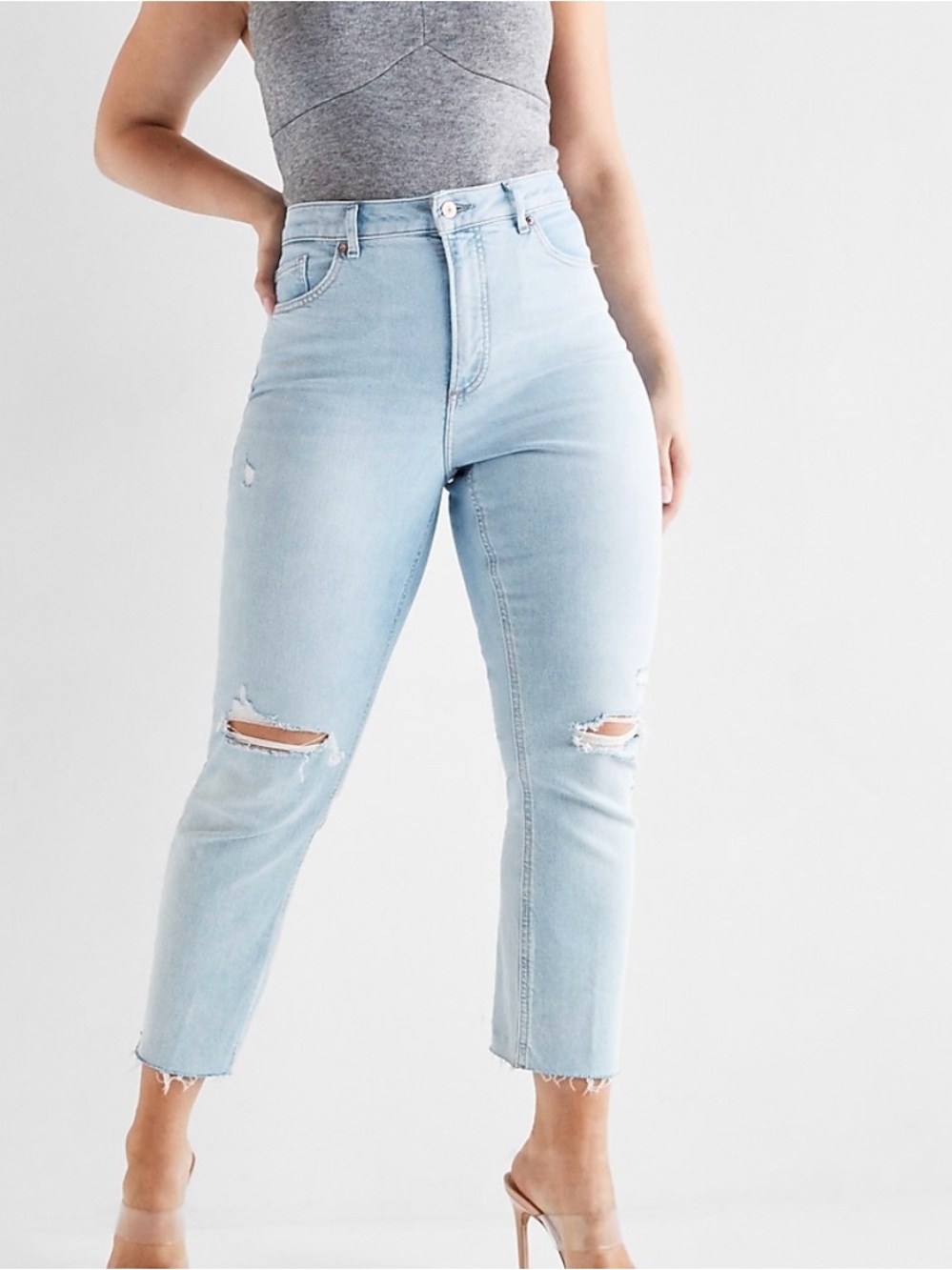 Express High-Rise Light Blue Distressed Cropped Jeans